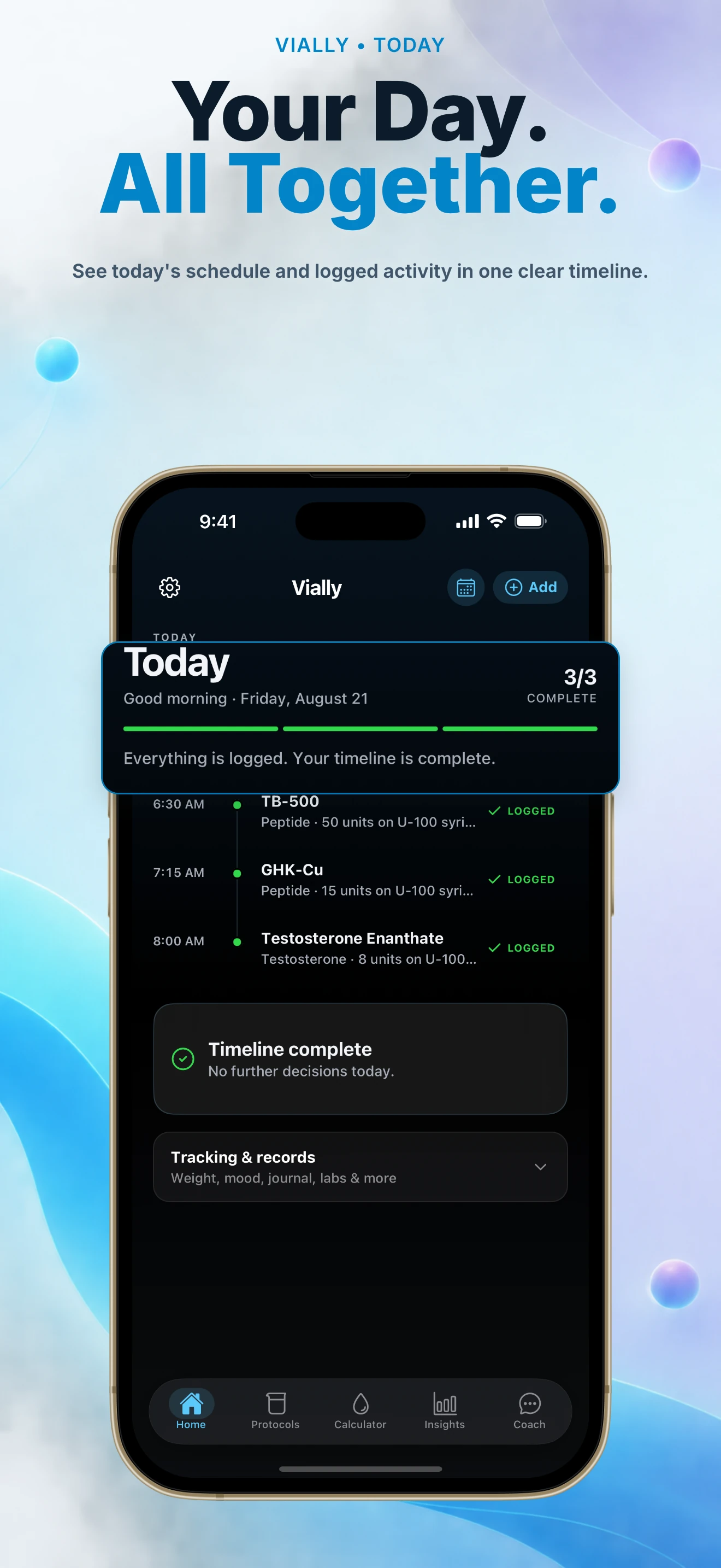 Vially Today view showing a complete daily medication timeline and logged activity.