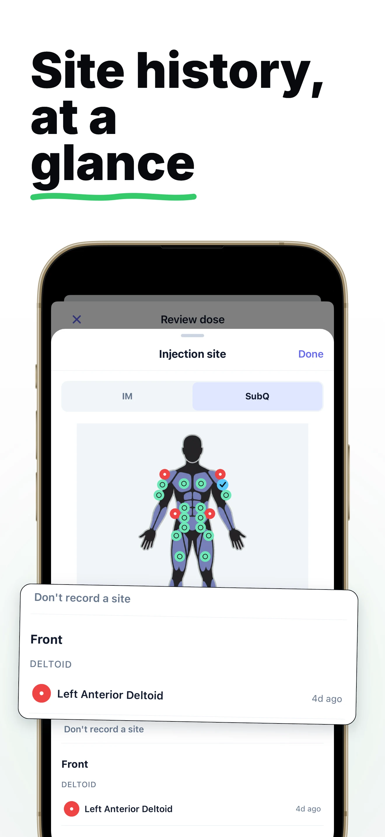 Vially injection-site picker showing a front body map and recent site-history markers.