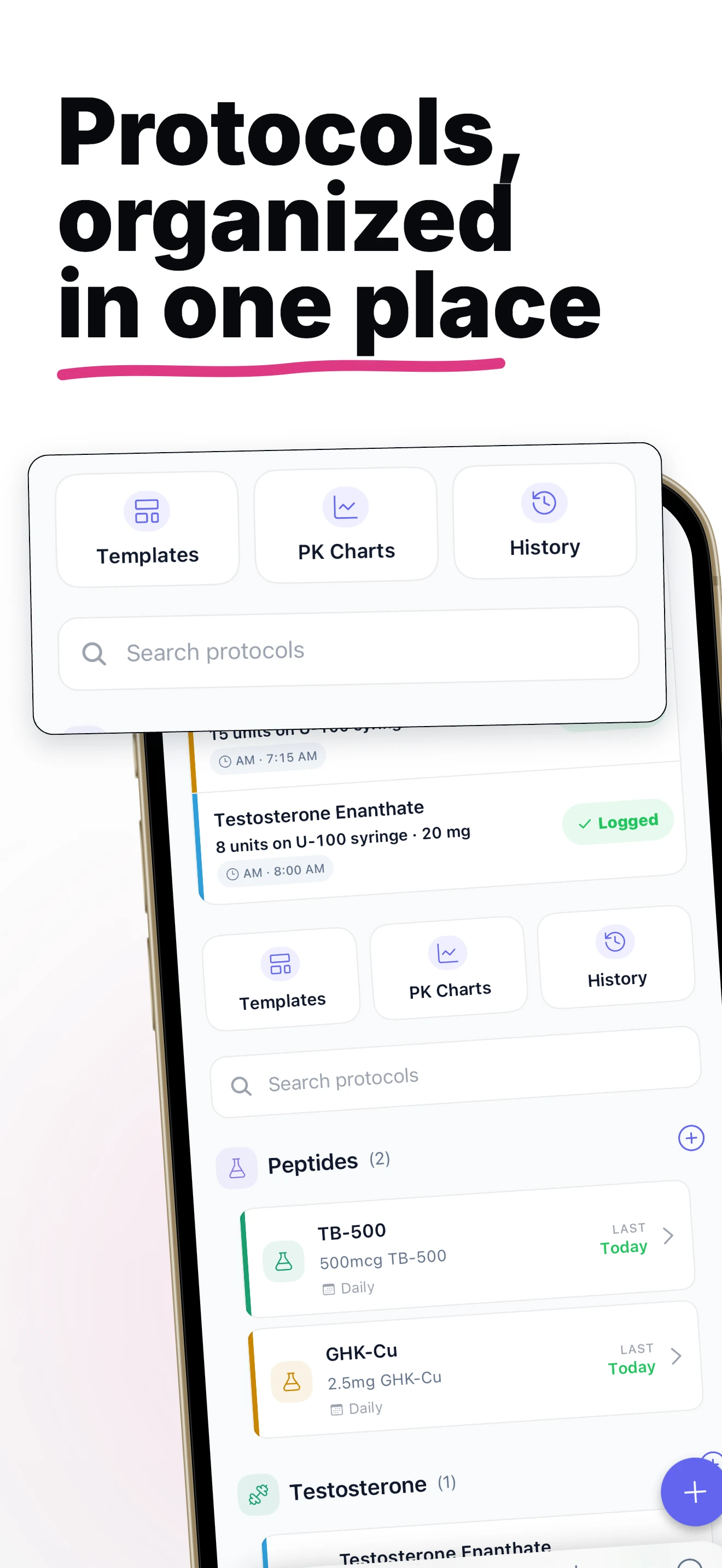 Vially Protocols view organizing active protocol names, schedules, and logged history.