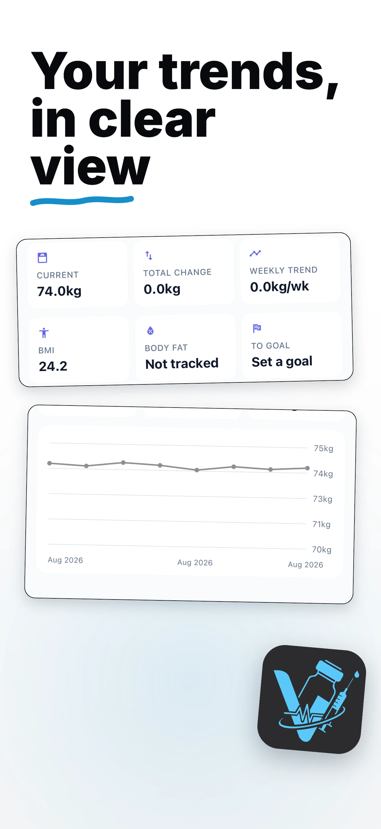 Vially Weight Dashboard showing summary cards, a trend chart, and logged entries.