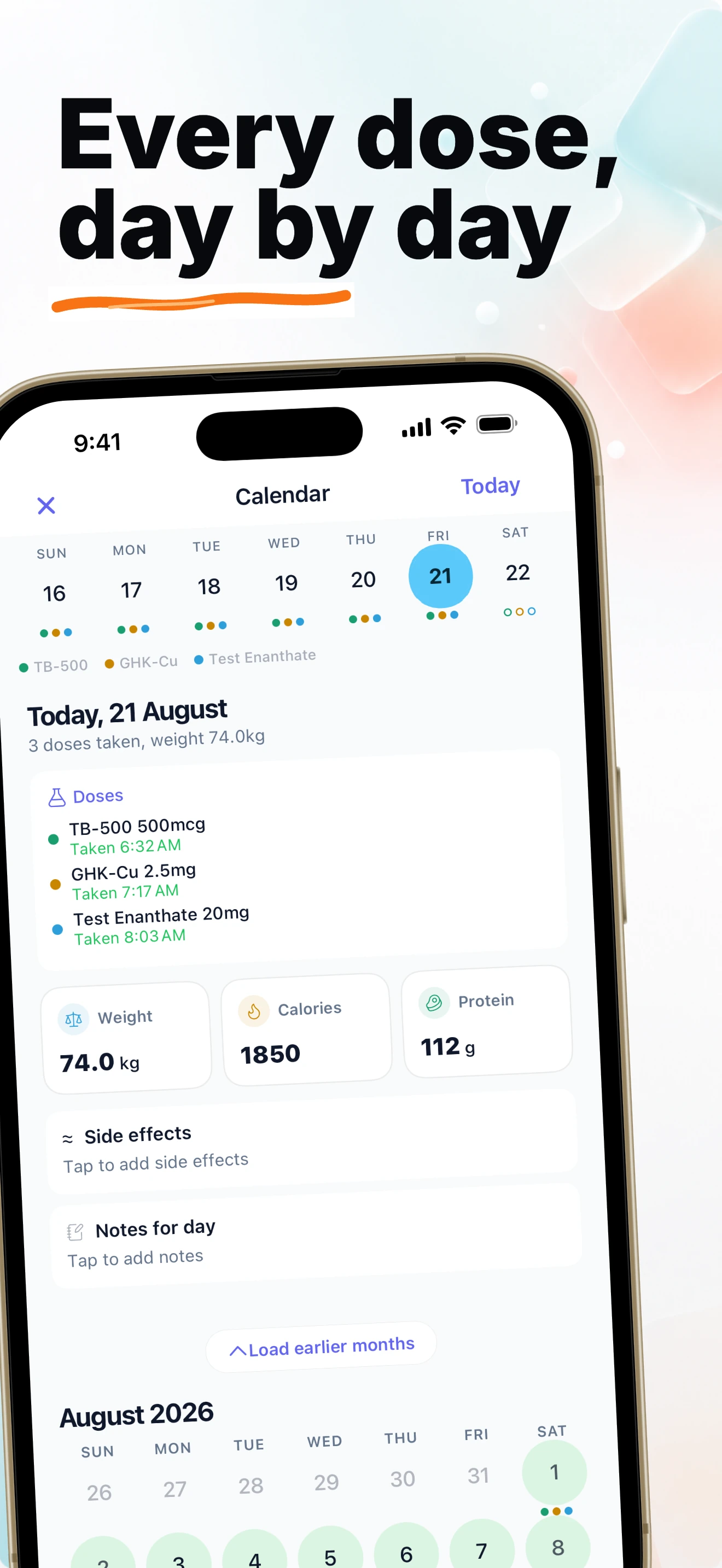 Vially Calendar showing an August month view and the selected day's logged doses, weight, calories, and protein.